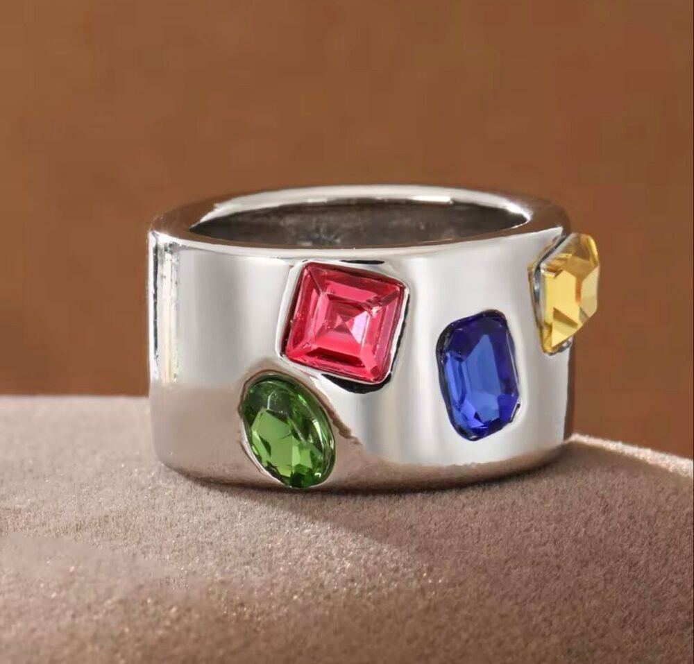 Italian Luxury Jewelry Silver Color Multicolor Gemstones Statement Ring Size 8
